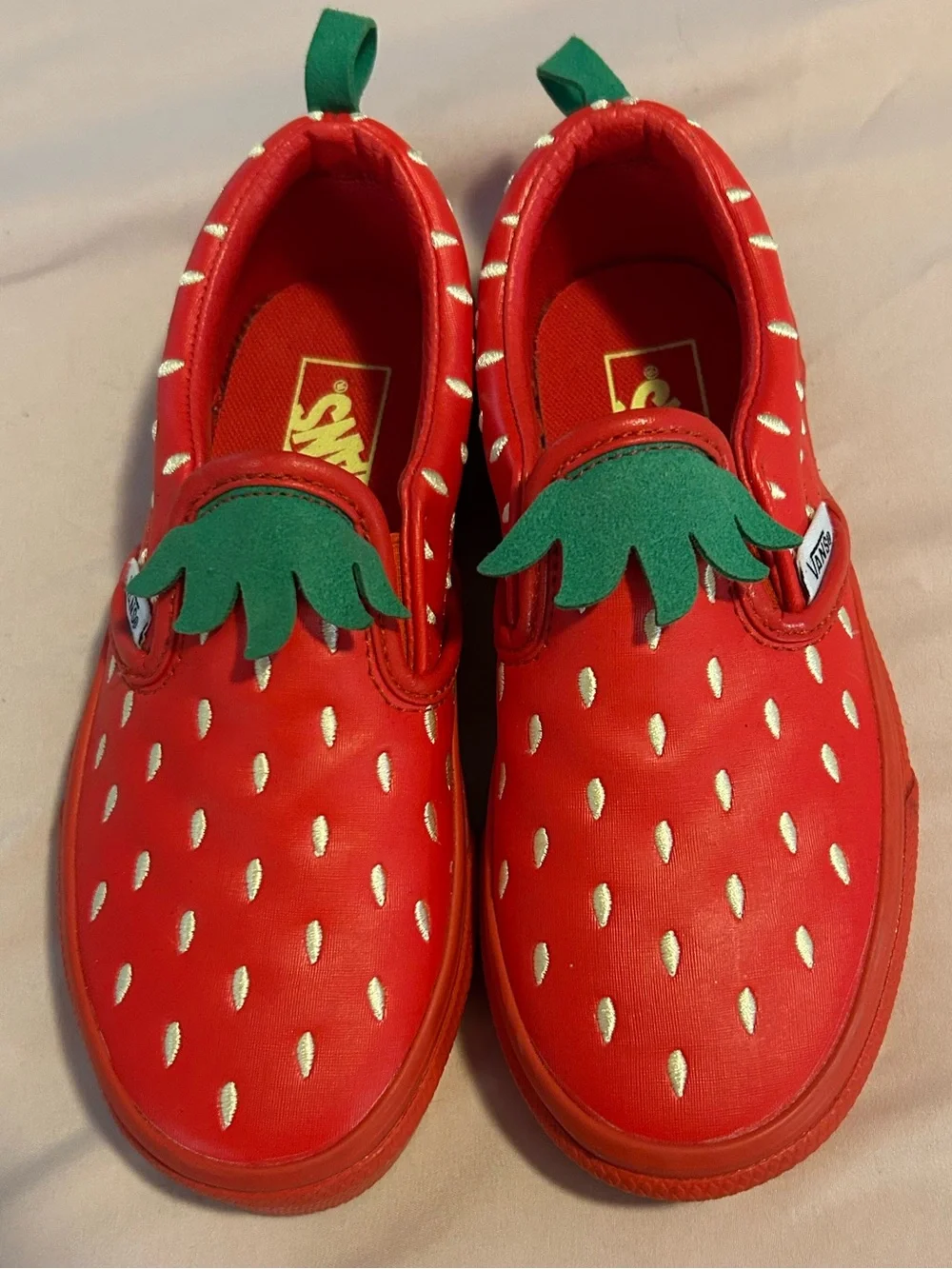 Vans Kids Red Strawberry Slip-On Sneakers with Green Leaf Accent